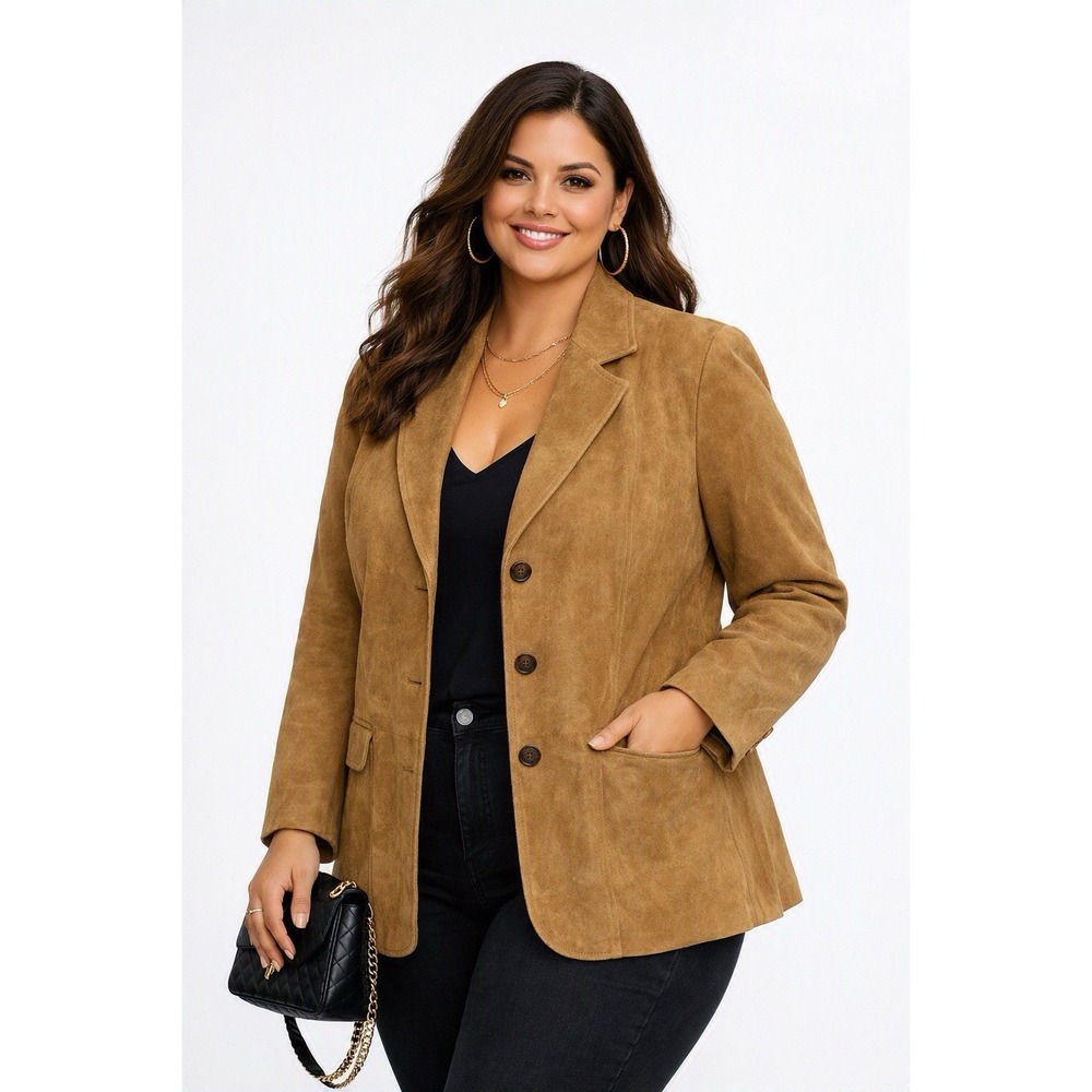 D&Co Suede Leather Blazer Jacket Womens 3X Tan Button Down Classic NEW